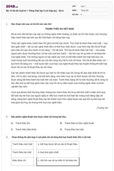 Bộ 10 đề thi Cuối kì 1 Tiếng Việt lớp 5 (có đáp án) - Đề 6