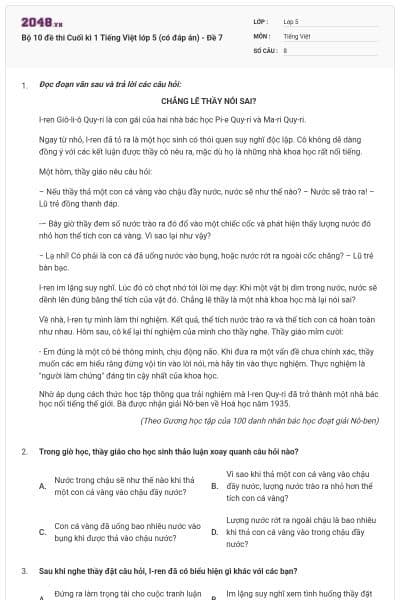 Bộ 10 đề thi Cuối kì 1 Tiếng Việt lớp 5 (có đáp án) - Đề 7