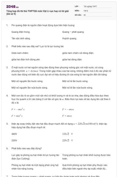 Tổng hợp đề thi thử THPTQG môn Vật Lí cực hay có lời giải (Đề số 9)