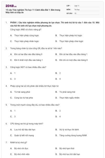 15 câu Trắc nghiệm Tin học 11 Cánh diều Bài 1: Bên trong Máy tính có đáp án