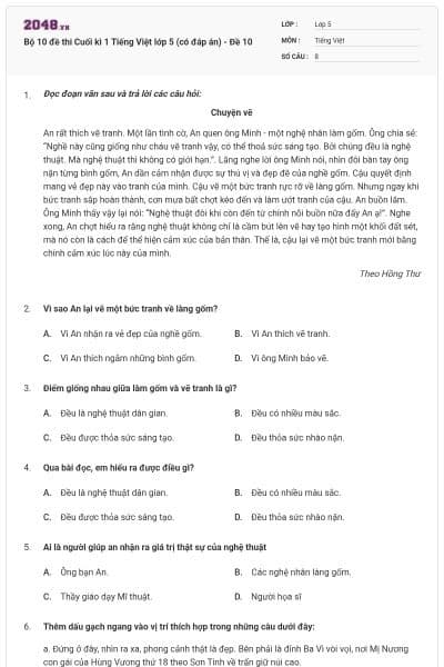 Bộ 10 đề thi Cuối kì 1 Tiếng Việt lớp 5 (có đáp án) - Đề 10