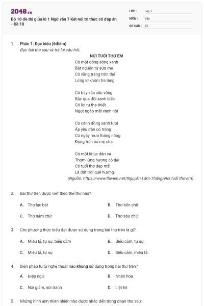 Bộ 10 đề thi giữa kì 1 Ngữ văn 7 Kết nối tri thức có đáp án - Đề 10