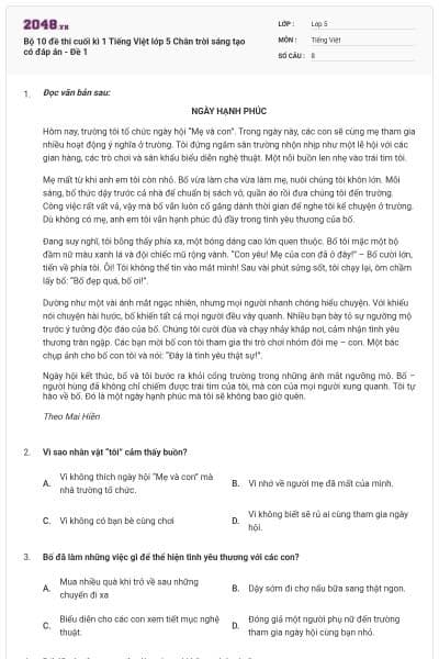 Bộ 10 đề thi cuối kì 1 Tiếng Việt lớp 5 Chân trời sáng tạo có đáp án - Đề 1