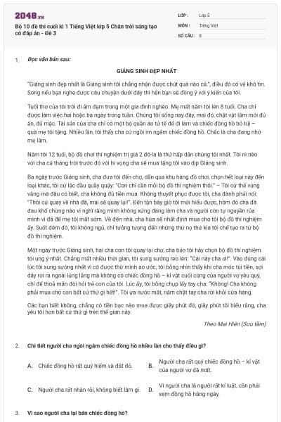 Bộ 10 đề thi cuối kì 1 Tiếng Việt lớp 5 Chân trời sáng tạo có đáp án - Đề 3