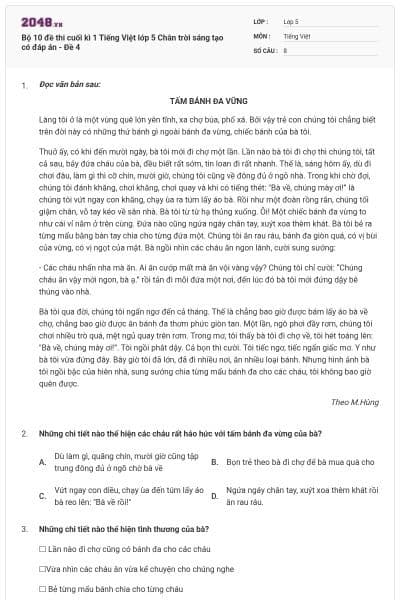 Bộ 10 đề thi cuối kì 1 Tiếng Việt lớp 5 Chân trời sáng tạo có đáp án - Đề 4