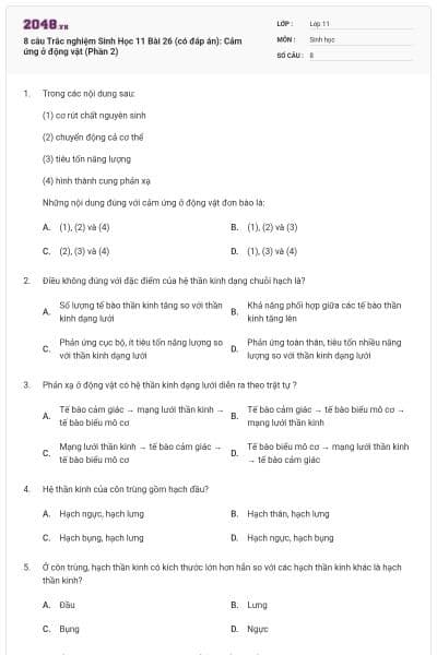 8 câu  Trắc nghiệm Sinh Học 11 Bài 26 (có đáp án): Cảm ứng ở động vật (Phần 2)