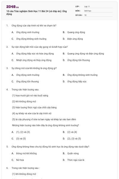 10 câu  Trắc nghiệm Sinh Học 11 Bài 24 (có đáp án): Ứng động