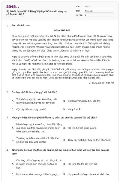 Bộ 10 đề thi cuối kì 1 Tiếng Việt lớp 5 Chân trời sáng tạo có đáp án - Đề 5