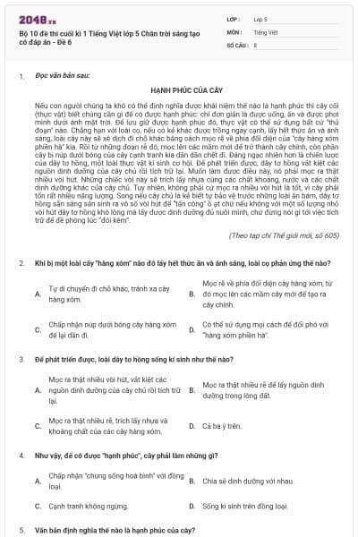 Bộ 10 đề thi cuối kì 1 Tiếng Việt lớp 5 Chân trời sáng tạo có đáp án - Đề 6