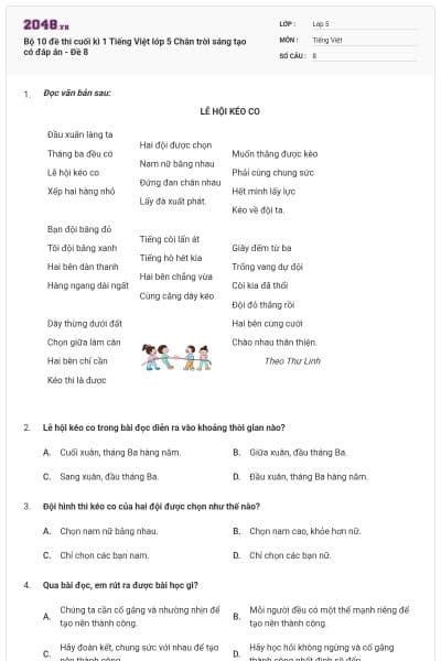 Bộ 10 đề thi cuối kì 1 Tiếng Việt lớp 5 Chân trời sáng tạo có đáp án - Đề 8