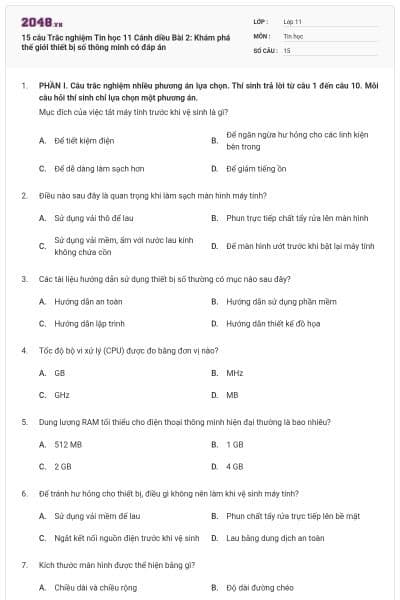 15 câu Trắc nghiệm Tin học 11 Cánh diều Bài 2: Khám phá thế giới thiết bị số thông minh có đáp án