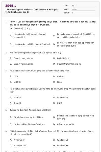 15 câu Trắc nghiệm Tin học 11 Cánh diều Bài 3: Khái quát về hệ điều hành có đáp án