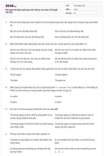 Đề luyện thi thpt quốc gia môn Vật Lý cực hay có lời giải (đề 25)
