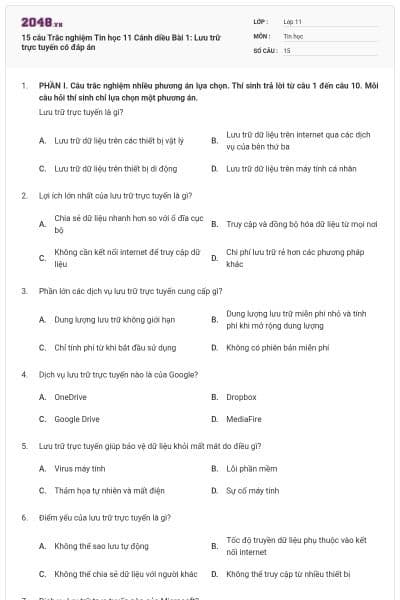 15 câu Trắc nghiệm Tin học 11 Cánh diều Bài 1: Lưu trữ trực tuyến có đáp án