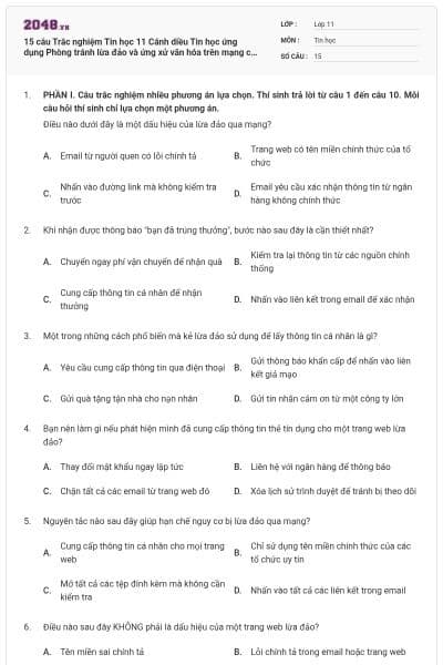 15 câu Trắc nghiệm Tin học 11 Cánh diều Tin học ứng dụng Phòng tránh lừa đảo và ứng xử văn hóa trên mạng có đáp án