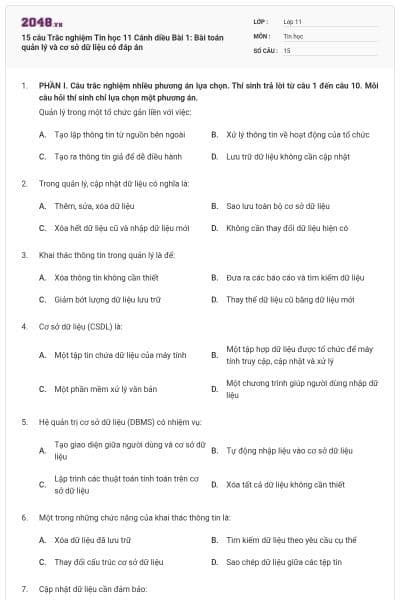 15 câu Trắc nghiệm Tin học 11 Cánh diều Bài 1: Bài toán quản lý và cơ sở dữ liệu có đáp án