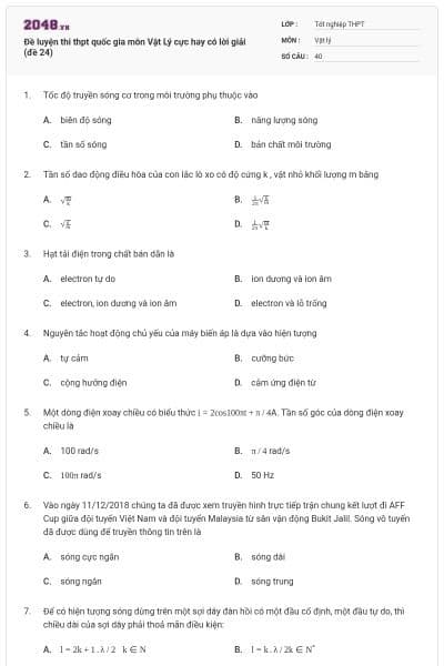 Đề luyện thi thpt quốc gia môn Vật Lý cực hay có lời giải (đề 24)