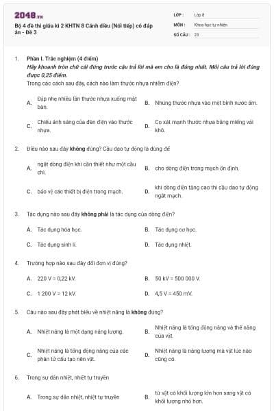 Bộ 4 đề thi giữa kì 2 KHTN 8 Cánh diều (Nối tiếp) có đáp án - Đề 3