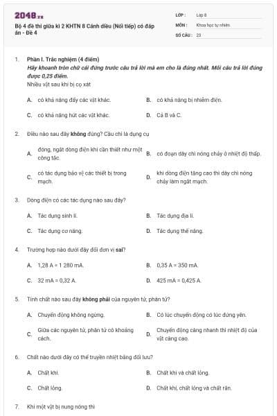 Bộ 4 đề thi giữa kì 2 KHTN 8 Cánh diều (Nối tiếp) có đáp án - Đề 4