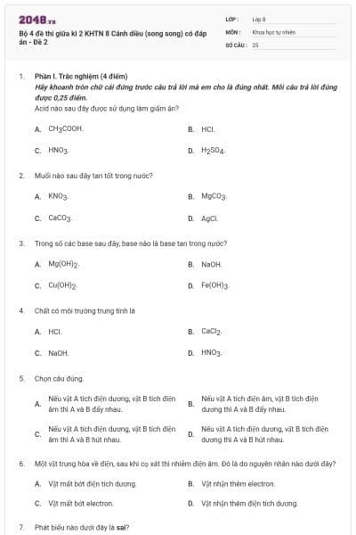Bộ 4 đề thi giữa kì 2 KHTN 8 Cánh diều (song song) có đáp án - Đề 2
