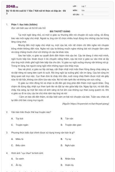 Bộ 10 đề thi cuối kì 1 Văn 7 Kết nối tri thức có đáp án - Đề 3