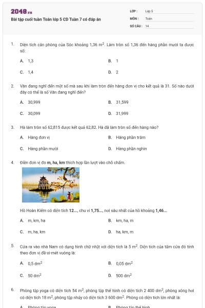 Bài tập cuối tuần Toán lớp 5 CD Tuần 7 có đáp án