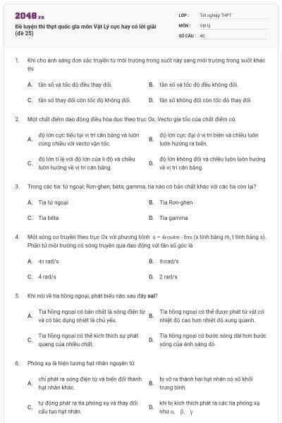 Đề luyện thi thpt quốc gia môn Vật Lý cực hay có lời giải (đề 25)