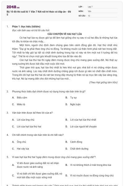 Bộ 10 đề thi cuối kì 1 Văn 7 Kết nối tri thức có đáp án - Đề 5