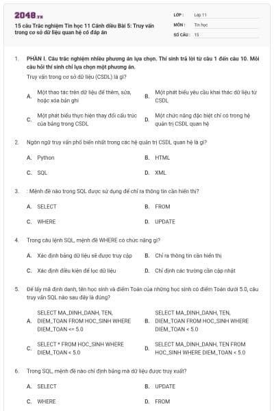 15 câu Trắc nghiệm Tin học 11 Cánh diều Bài 5: Truy vấn trong cơ sở dữ liệu quan hệ có đáp án