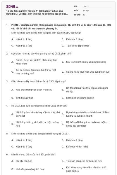 15 câu Trắc nghiệm Tin học 11 Cánh diều Tin học ứng dụng Bài 7: Các loại kiến trúc của hệ cơ sở dữ liệu có đáp án