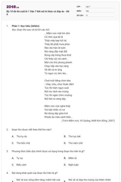 Bộ 10 đề thi cuối kì 1 Văn 7 Kết nối tri thức có đáp án - Đề 6