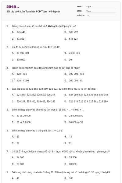 Bài tập cuối tuần Toán lớp 5 CD Tuần 1 có đáp án
