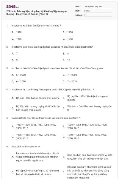200+ câu Trắc nghiệm tổng hợp Kỹ thuật nghiệp vụ ngoại thương - Incoterms có đáp án (Phần 1)