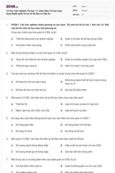 15 câu Trắc nghiệm Tin học 11 Cánh diều Tin học ứng dụng Nghề quản trị cơ sở dữ liệu có đáp án