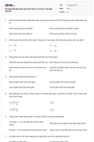 Đề luyện thi thpt quốc gia môn Vật Lý cực hay có lời giải (đề 28)