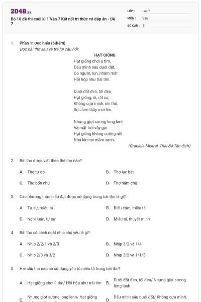 Bộ 10 đề thi cuối kì 1 Văn 7 Kết nối tri thức có đáp án - Đề 7