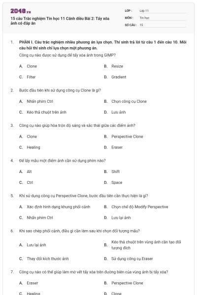 15 câu Trắc nghiệm Tin học 11 Cánh diều Bài 2: Tẩy xóa ảnh có đáp án