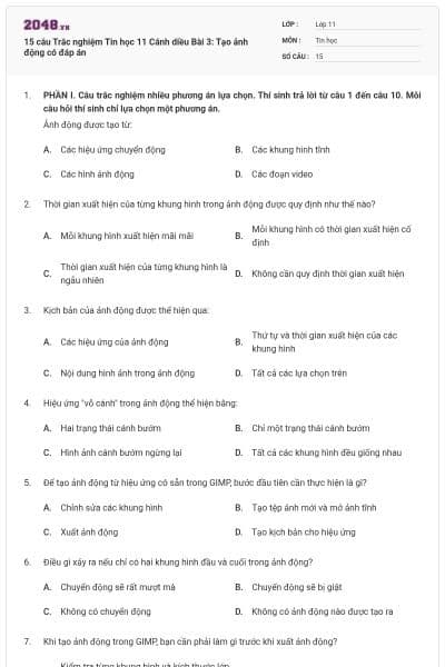 15 câu Trắc nghiệm Tin học 11 Cánh diều Bài 3: Tạo ảnh động có đáp án