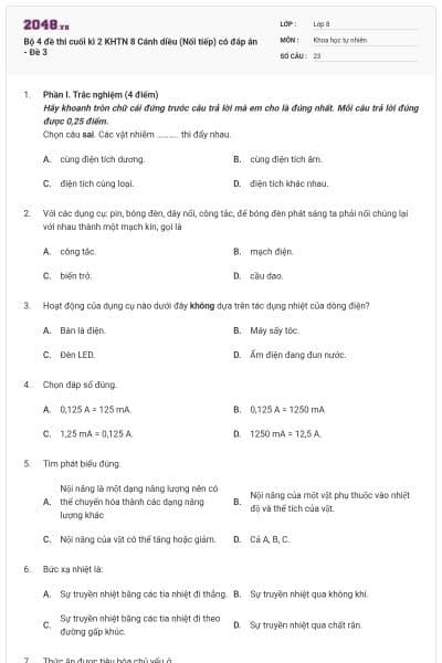 Bộ 4 đề thi cuối kì 2 KHTN 8 Cánh diều (Nối tiếp) có đáp án - Đề 3