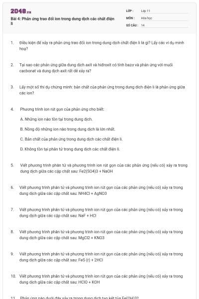 Bài 4: Phản ứng trao đổi ion trong dung dịch các chất điện li