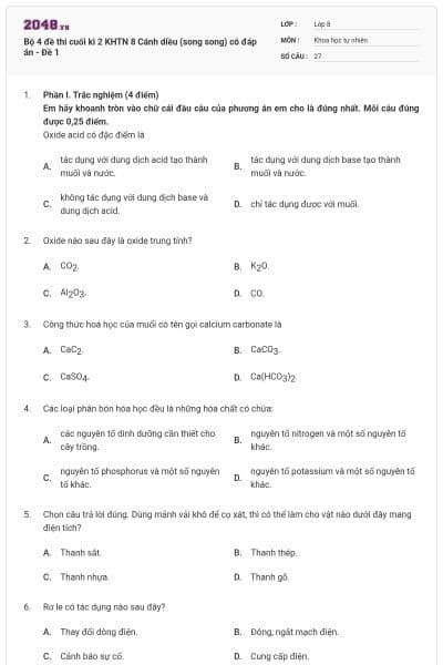 Bộ 4 đề thi cuối kì 2 KHTN 8 Cánh diều (song song) có đáp án - Đề 1