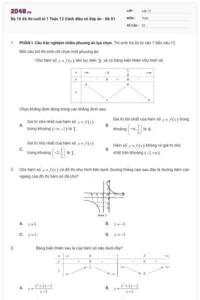 Bộ 10 đề thi cuối kì 1 Toán 12 Cánh diều có đáp án - Đề 01