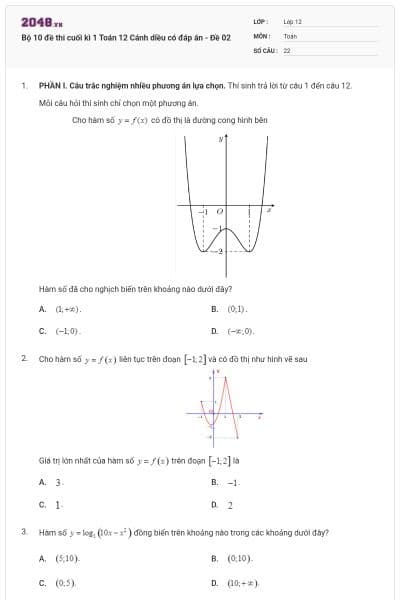 Bộ 10 đề thi cuối kì 1 Toán 12 Cánh diều có đáp án - Đề 02