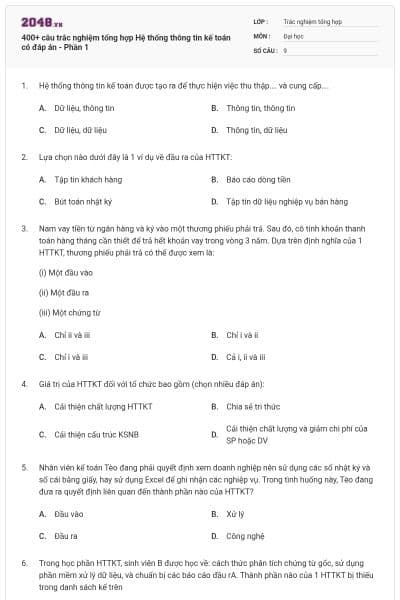 400+ câu trắc nghiệm tổng hợp Hệ thống thông tin kế toán có đáp án - Phần 1