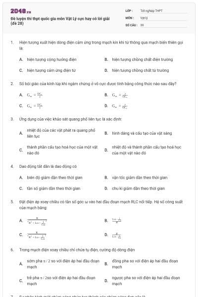 Đề luyện thi thpt quốc gia môn Vật Lý cực hay có lời giải (đề 28)