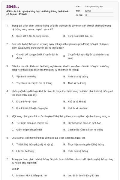 400+ câu trắc nghiệm tổng hợp Hệ thống thông tin kế toán có đáp án - Phần 8