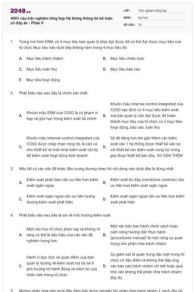 400+ câu trắc nghiệm tổng hợp Hệ thống thông tin kế toán có đáp án - Phần 9