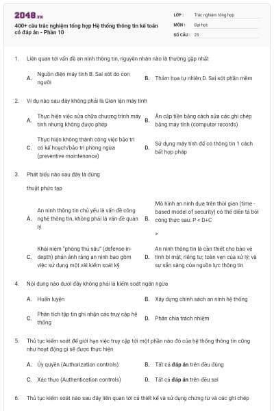 400+ câu trắc nghiệm tổng hợp Hệ thống thông tin kế toán có đáp án - Phần 10