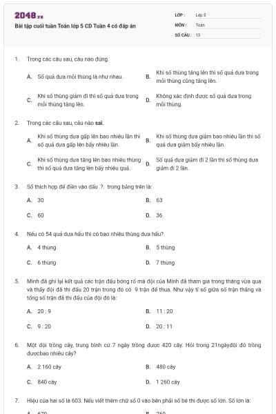 Bài tập cuối tuần Toán lớp 5 CD Tuần 4 có đáp án