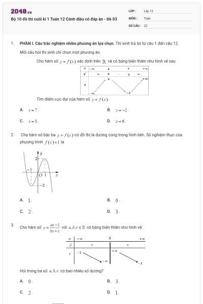 Bộ 10 đề thi cuối kì 1 Toán 12 Cánh diều có đáp án - Đề 03